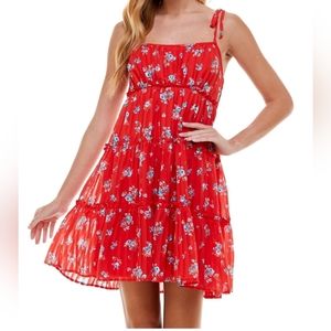 CITY VIBE Floral Red Tie Spaghetti Strap Mini Fit + Flare Dress Juniors Small
